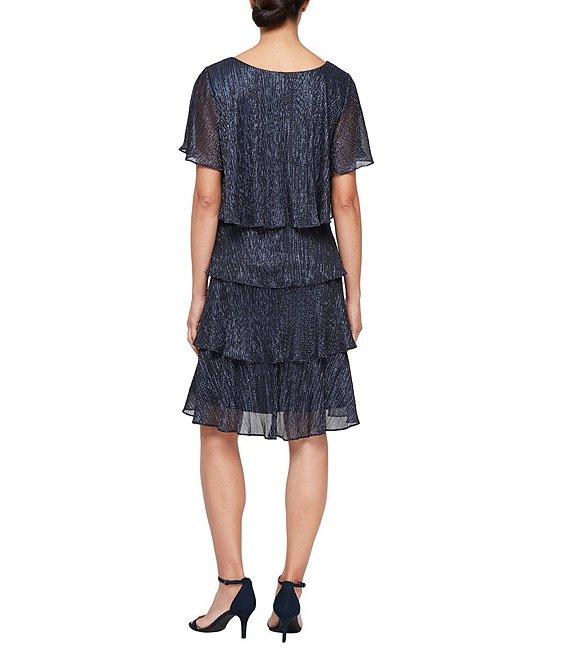 Ignite Evenings Shimmer Tiered Ruffle V-Neck Embellishment Short Flutter Sleeve Shift Dress Product Image