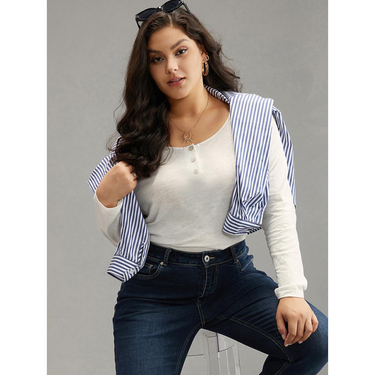 Plus Size Cotton Solid Button Up Crew Neck T-shirt White Women Casual Plain Plain Open Front Dailywear T-shirts BloomChic 14-16/1X Product Image