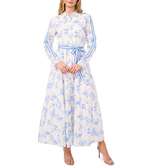 CeCe Floral Print Point Collar Long Sleeve Novelty Trim Belted Maxi Shirt Dress Product Image