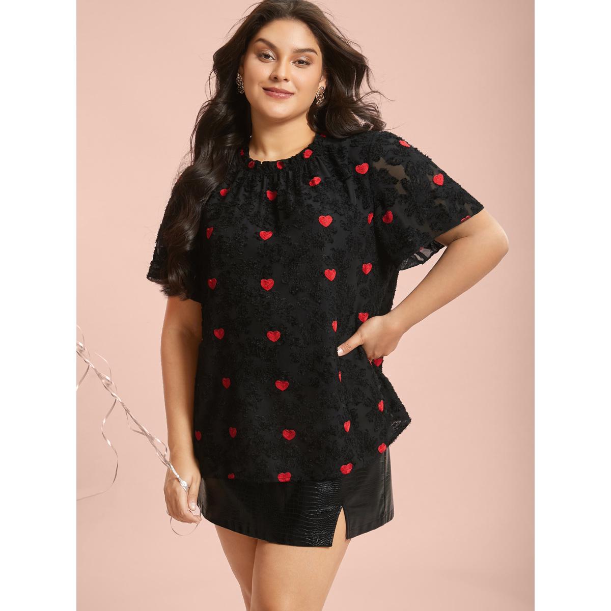 Plus Size Black Heart Jacquard Frill Trim Textured Blouse Women Elegant Short sleeve Mock Neck Everyday Blouses BloomChic 30/6X Product Image