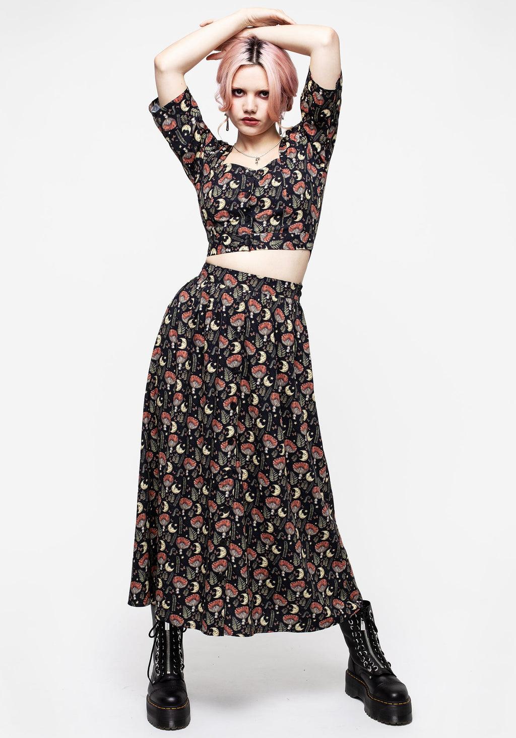 Dreamfast Mushroom Moon Print Button Up Midaxi Skirt Product Image