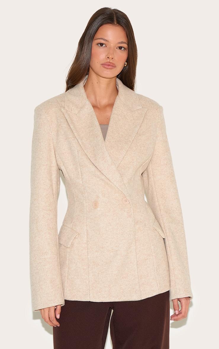 Taupe Double Breasted Asymmetric Wool Look Blazer Product Image