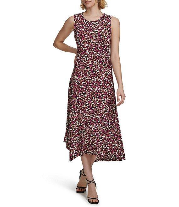 Calvin Klein Abstract Printed Crew Neckline Sleeveless Asymmetrical Hem Dress Product Image