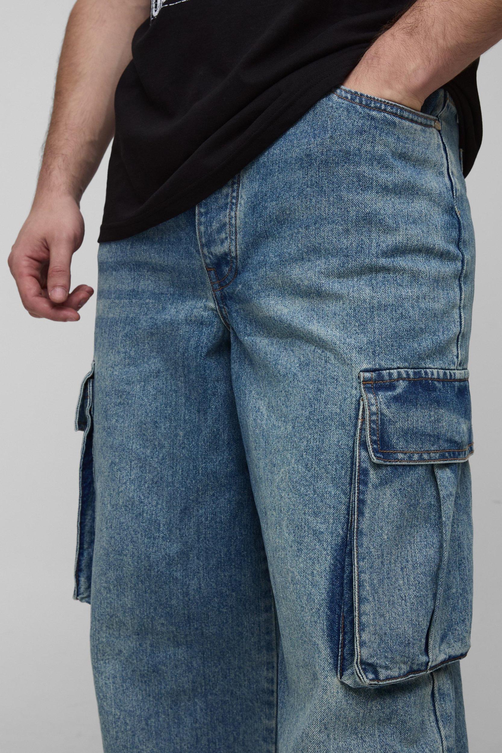 Tall Denim Cargo Parachute Jeans with Pleat Waist Detail | boohooMAN USA Product Image