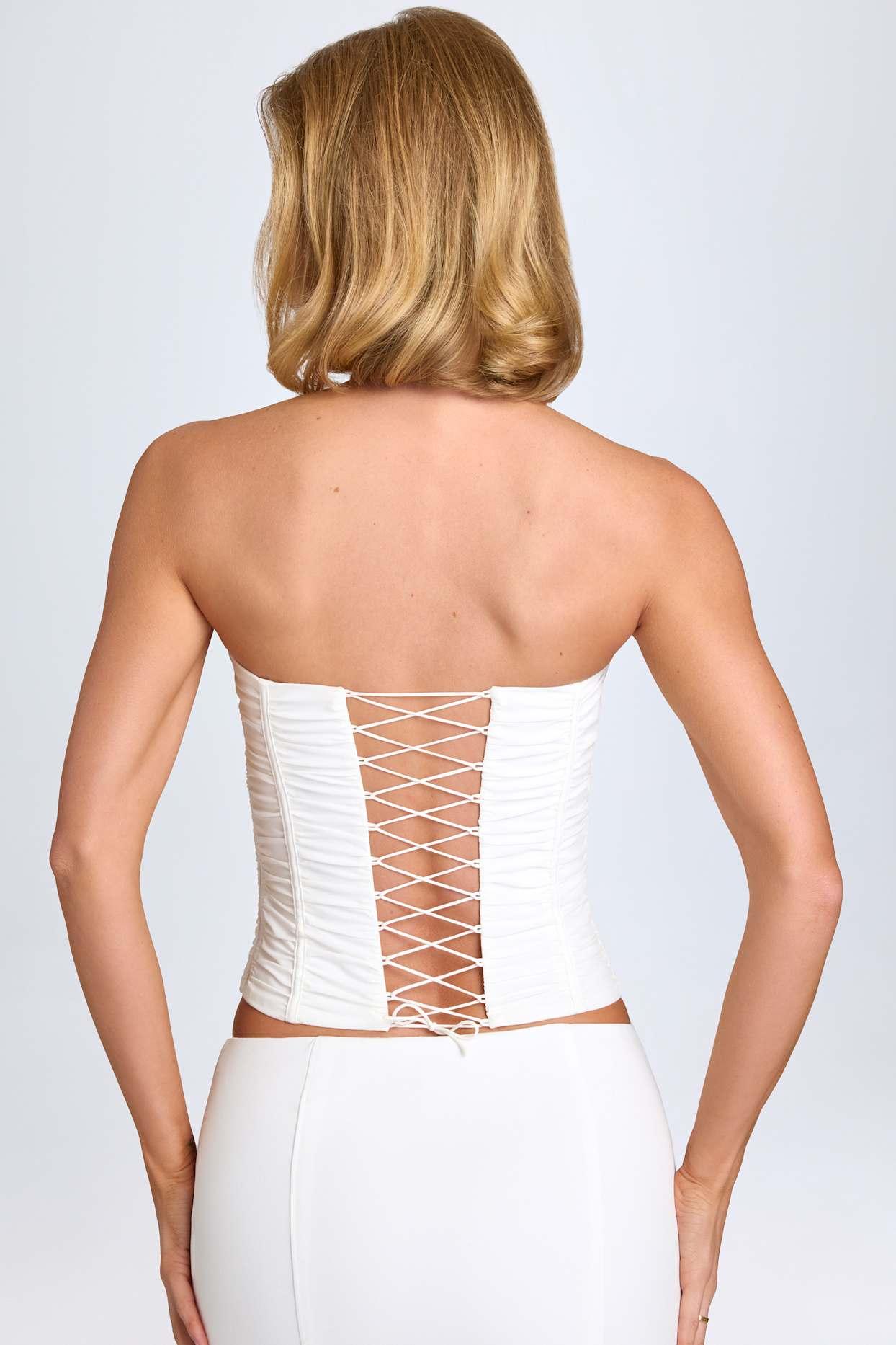 Ruched Lace-Up Corset Top in White Product Image