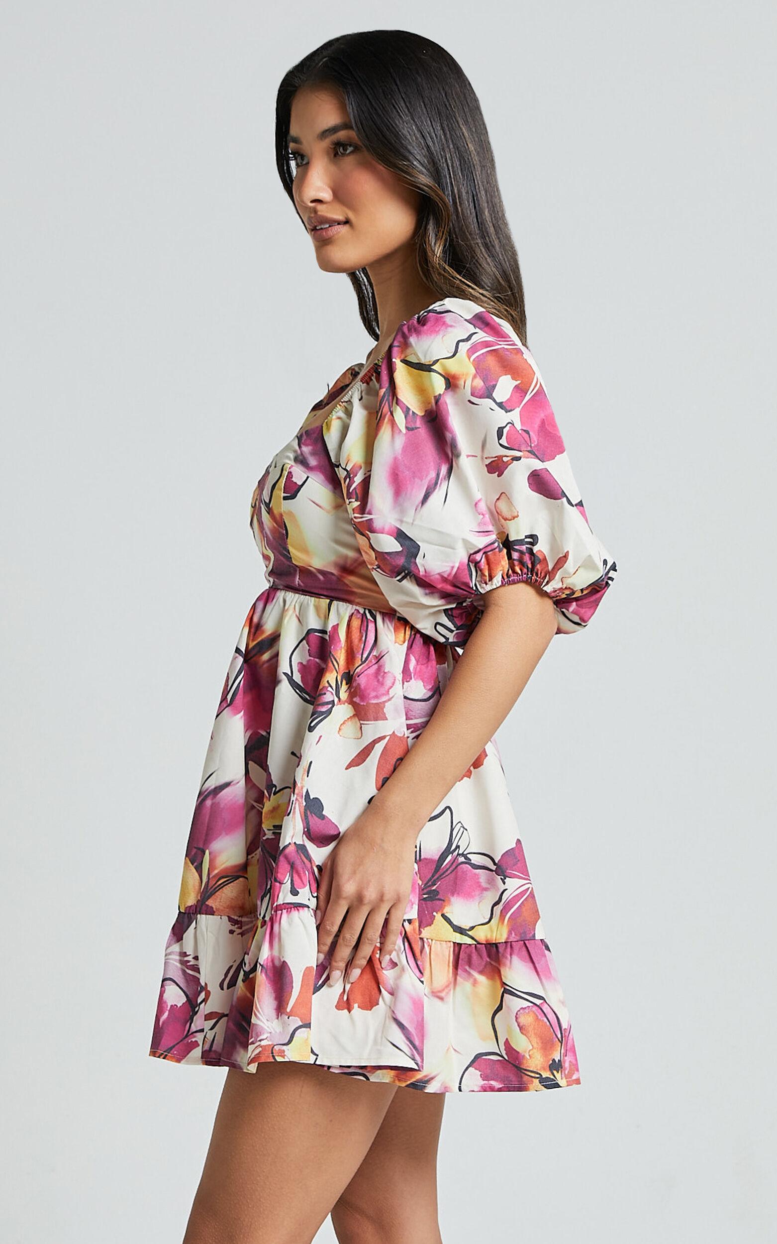 Gretchen Mini Dress - Puff Sleeve Babydoll Dress in Dahlia Dusk Floral Product Image