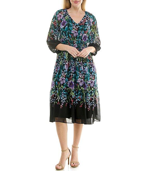 Moda Tara Chiffon V-Neck 3/4 Sleeve Floral Printed Midi Dress Product Image