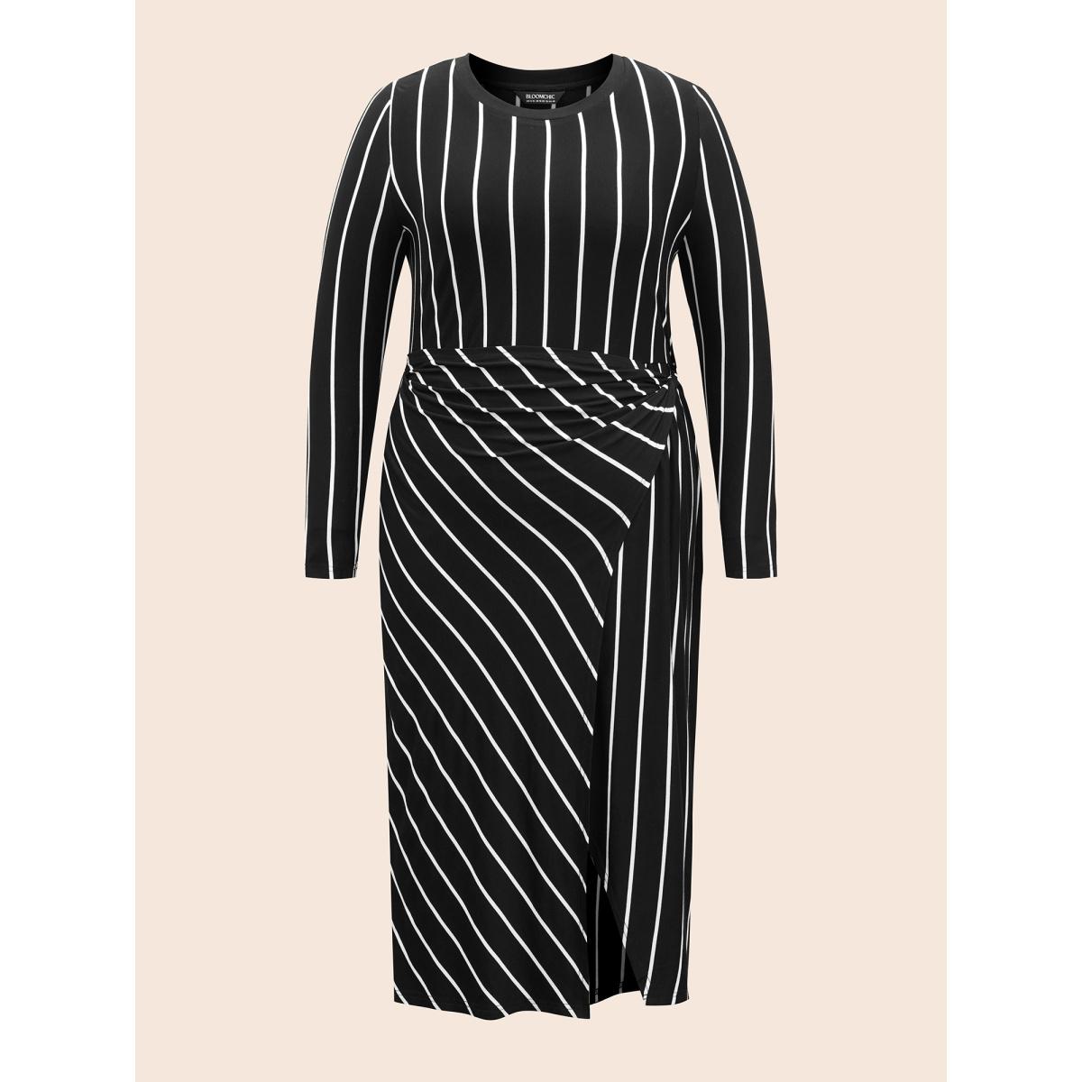 Plus Size Striped Twist Front Split Hem Dress Black Women Elegant Twist Round Neck Long Sleeve Curvy BloomChic 26/4X Product Image