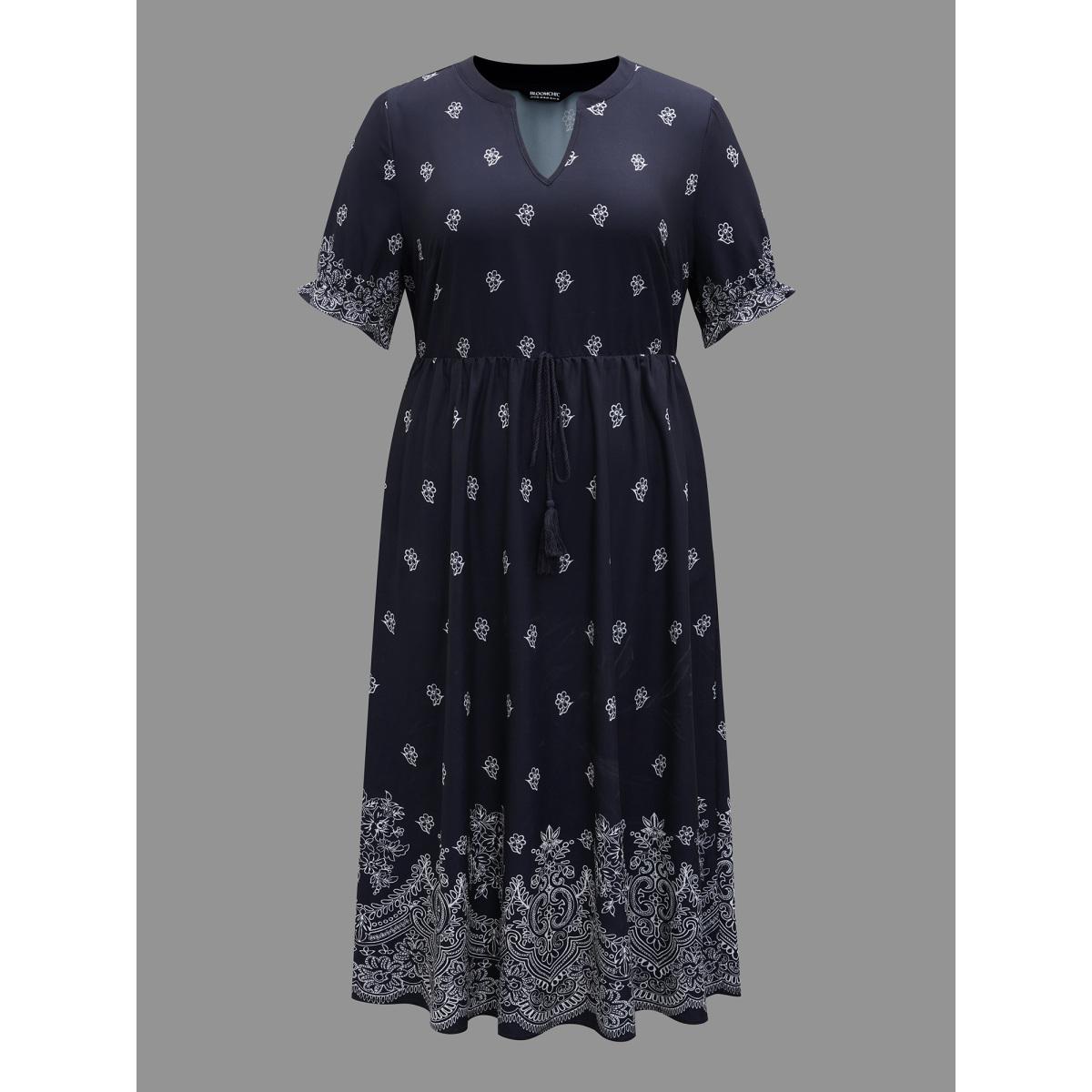 Plus Size Floral Waist-Tie Notched Collar Midi Dress Indigo Women Boho Ruffles Notched collar Half Sleeve Curvy BloomChic 18-20/2X Product Image