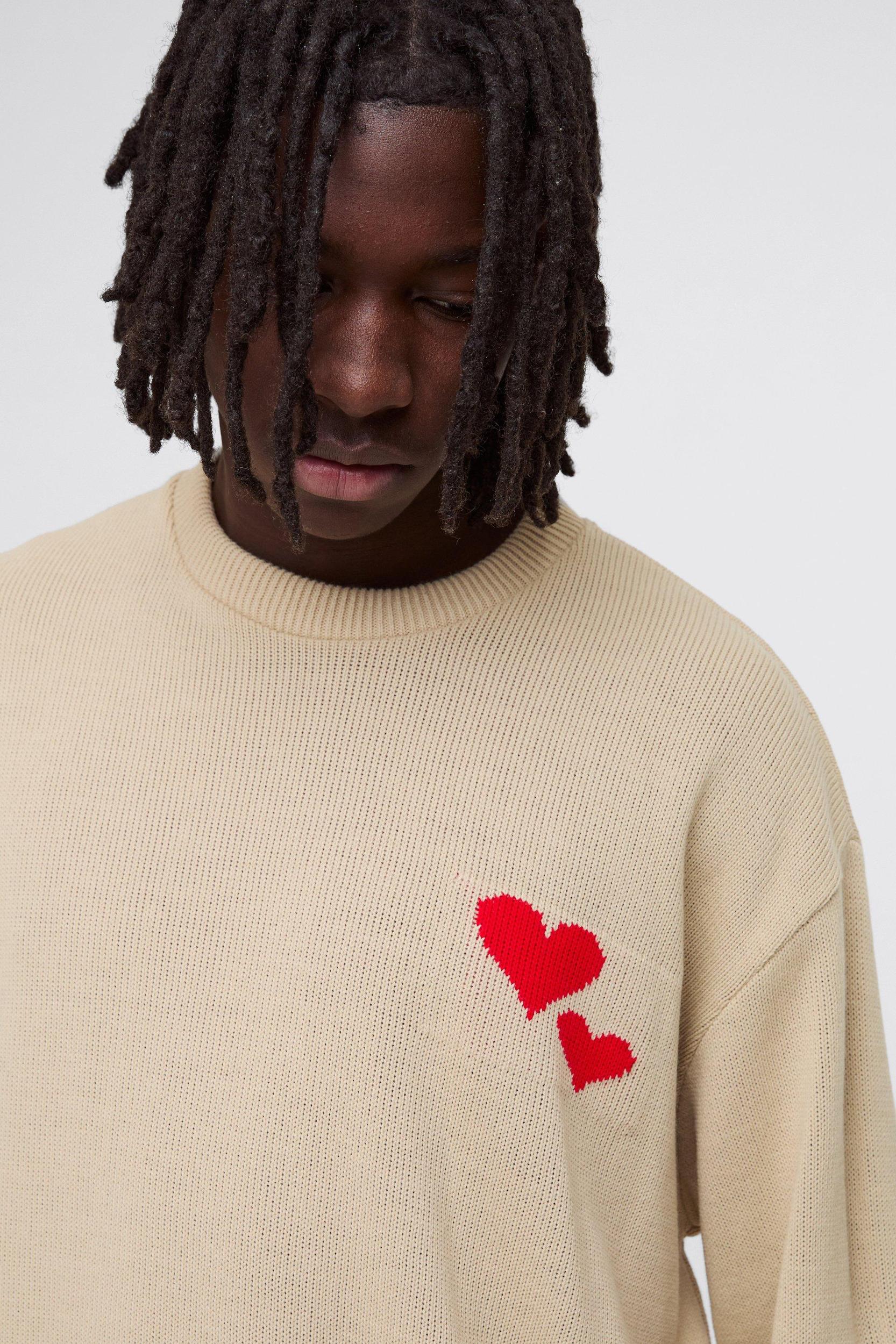 Oversized Boxy Heart Embroidered Knitted Sweater | boohooMAN USA Product Image