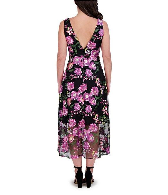 SIENA Floral Embroidered Mesh Plunge V-Neck Sleeveless A-Line Midi Dress Product Image