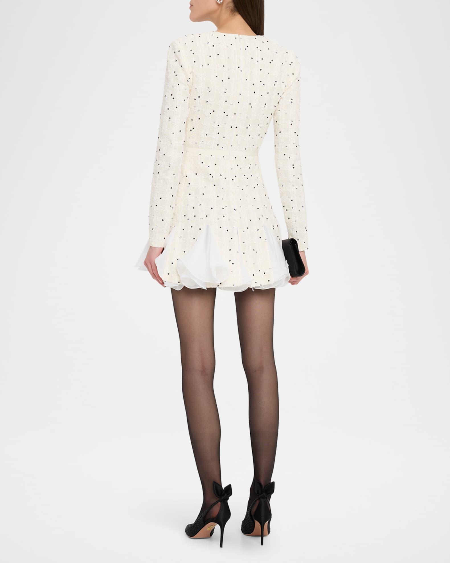 Polka-Dot Boucle Long-Sleeve Godet Mini Dress Product Image