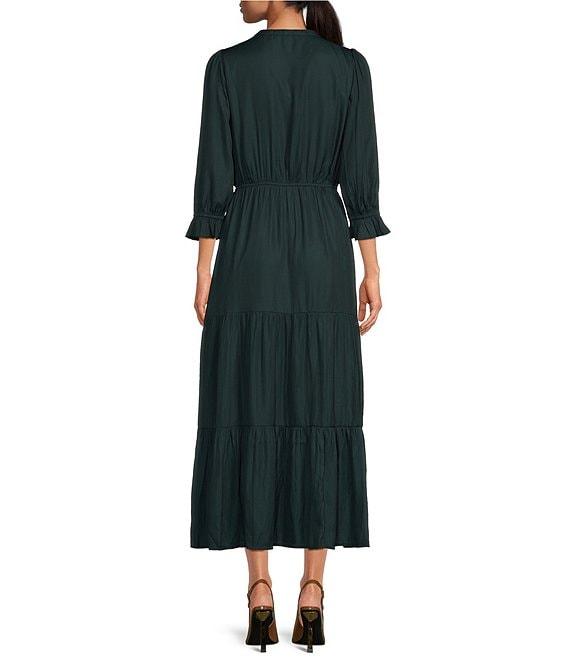 Skies Are Blue Split Tie Neck 3/4 Sleeve Tiered Ruffle Maxi Dress Product Image