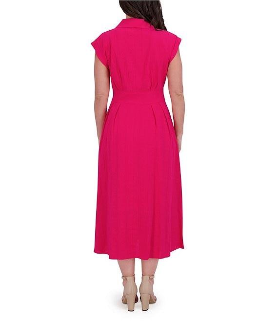 Kensie Stripe Cotton Point Collar V-Neck Cap Dolman Sleeve Smocked Pleated Midi A-Line Dress Product Image