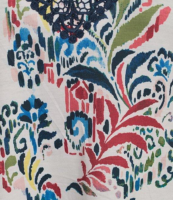 Allison Daley Plus Flowery Ikat 3/4 Sleeve Split Round Neck Lace Detail Knit Top Product Image