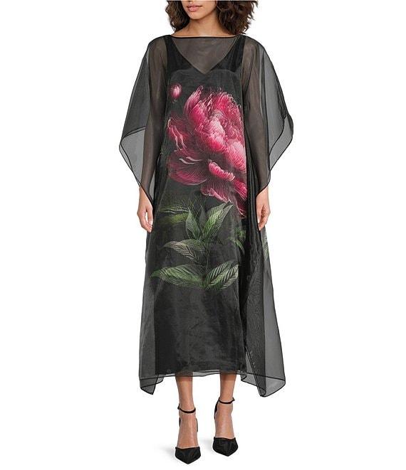 Trina Turk Salon Floral Placement Organza Boat Neck Butterfly Sleeve Dress Product Image