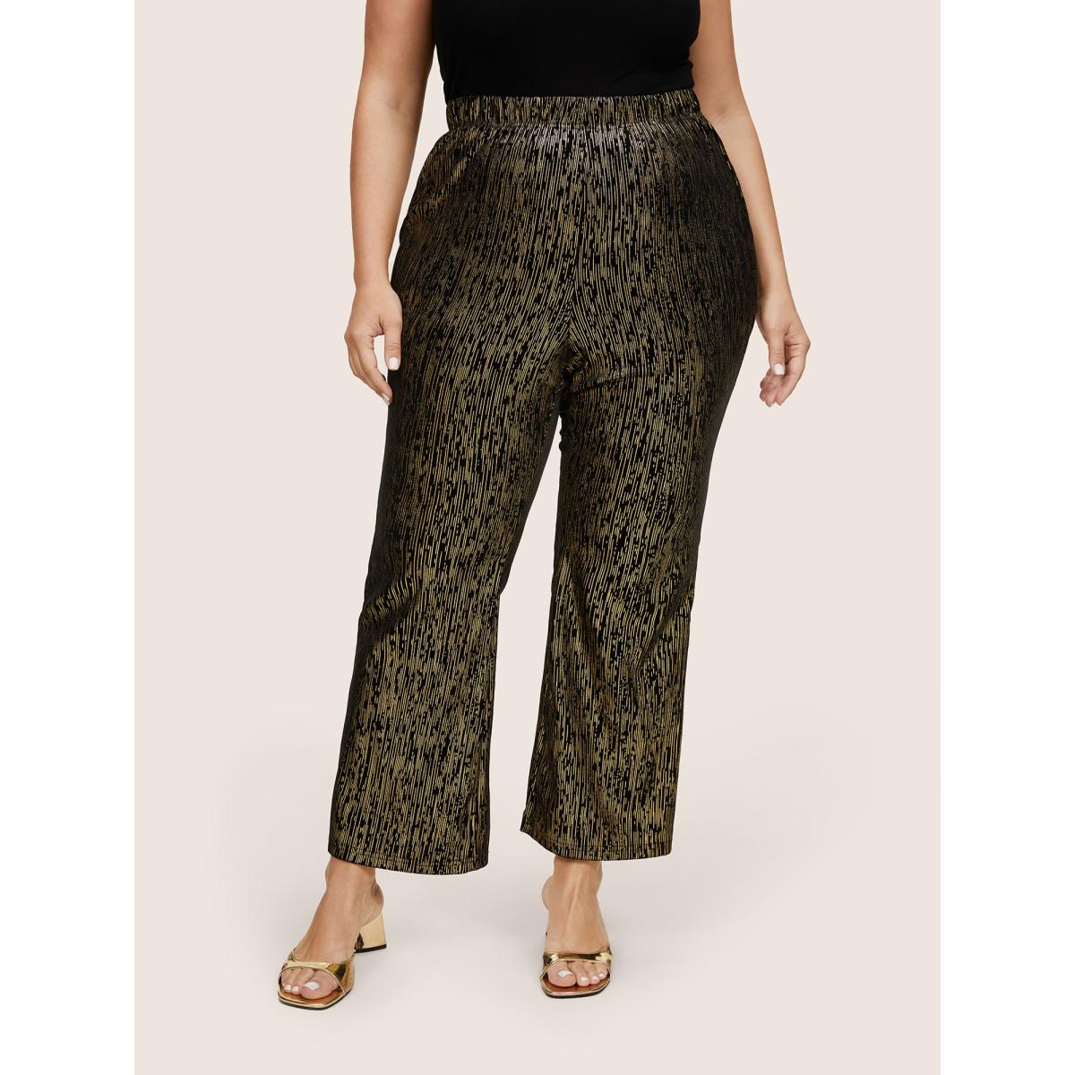 Plus Size Velvet Striped Elastic Waist Flare Leg Pants Women Black Glamour Flare Leg High Rise Party Pants BloomChic 22-24/3X Product Image