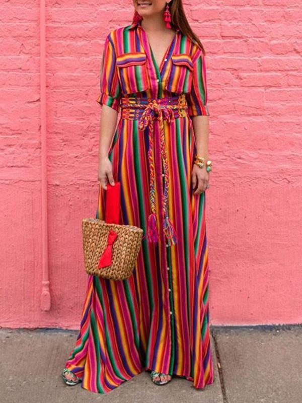 Long Sleeves Loose Split-Joint Striped Lapel Maxi Dresses Shirt Dress Product Image