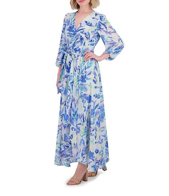 Eliza J Chiffon Floral Print V Neck Long Sleeve Waist Tie Belt A-Line Dress Product Image