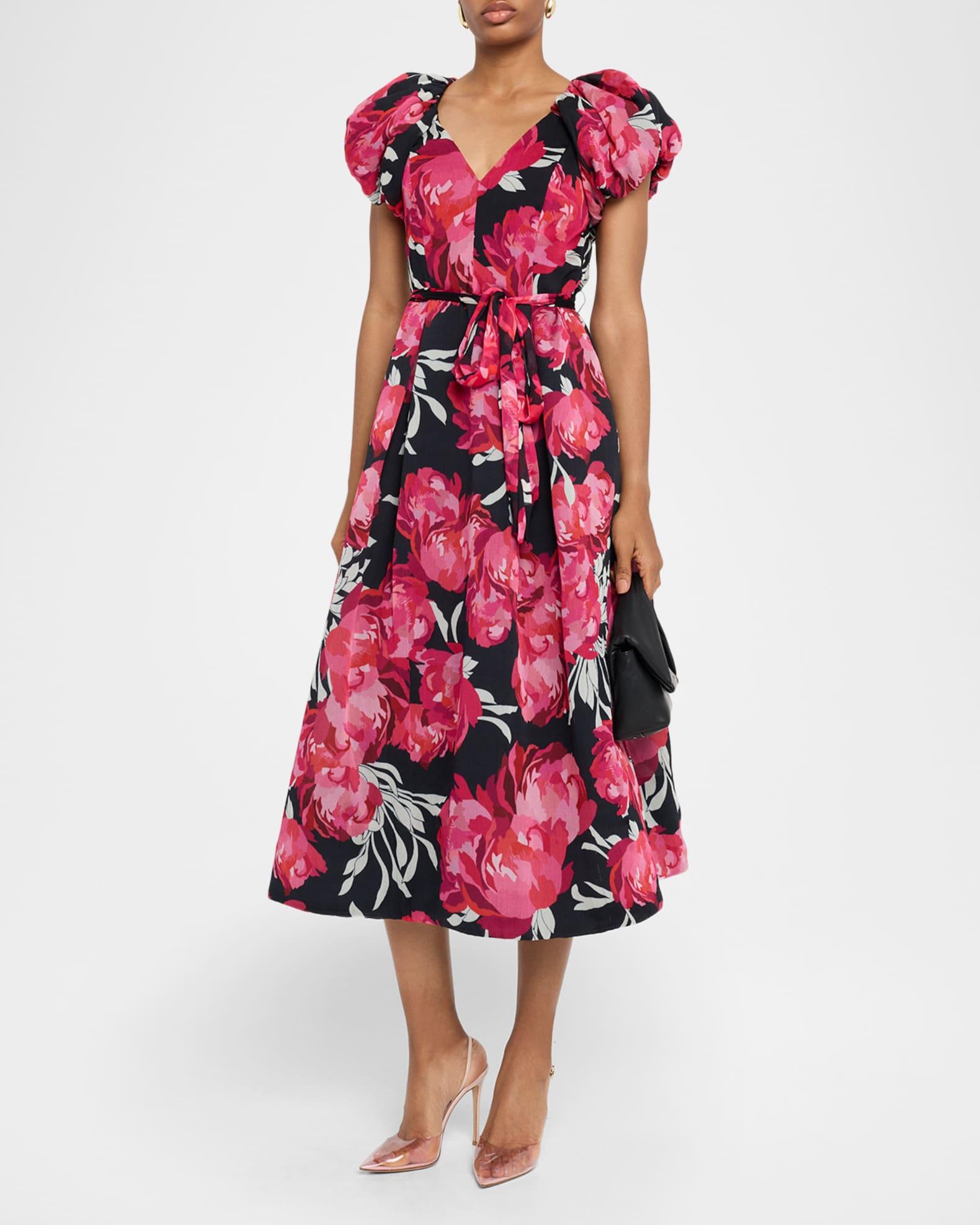 Pleated Puff-Sleeve Chiffon Midi Dress Product Image