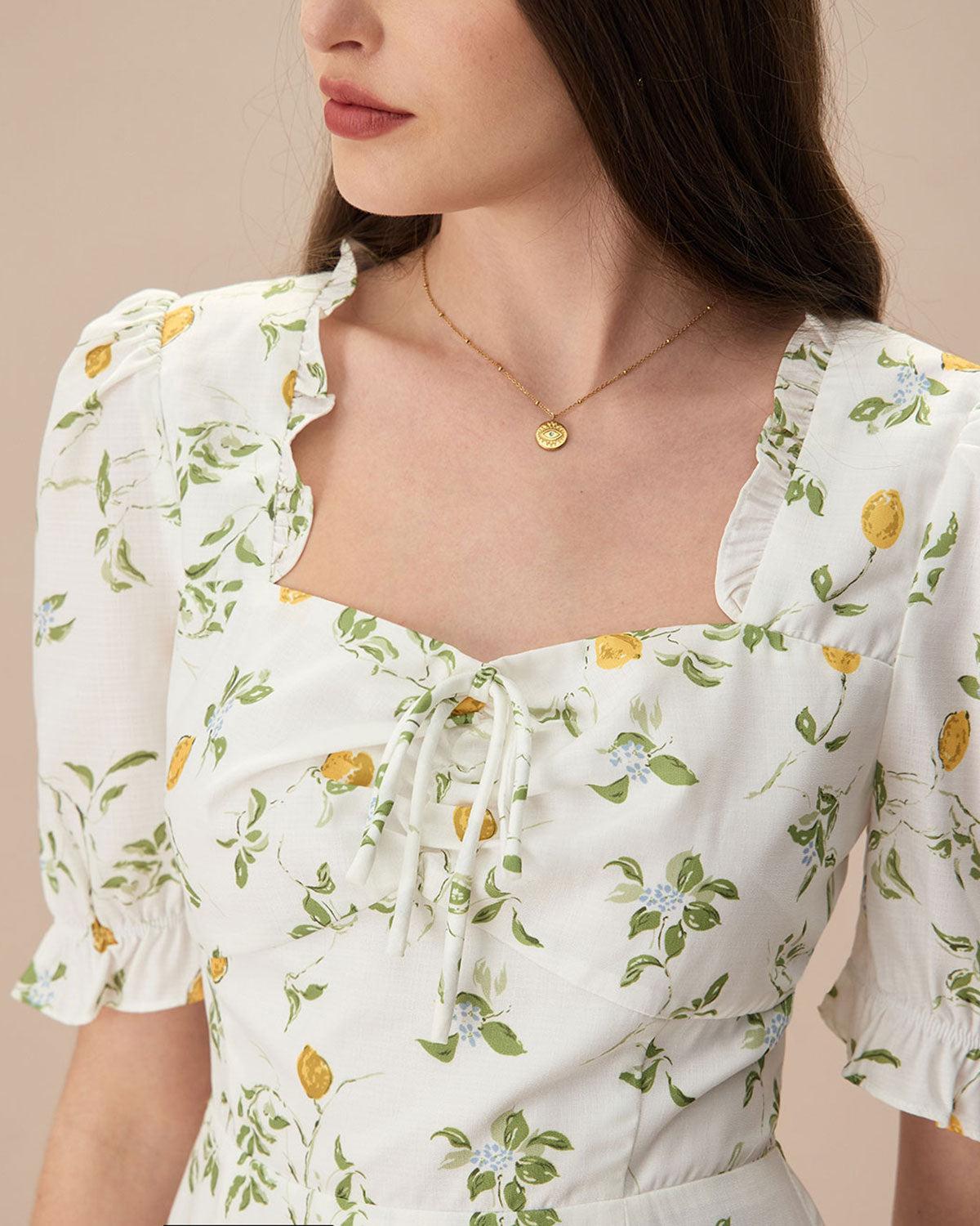 The White Square Neck Frill Trim Floral Midi Dress Product Image