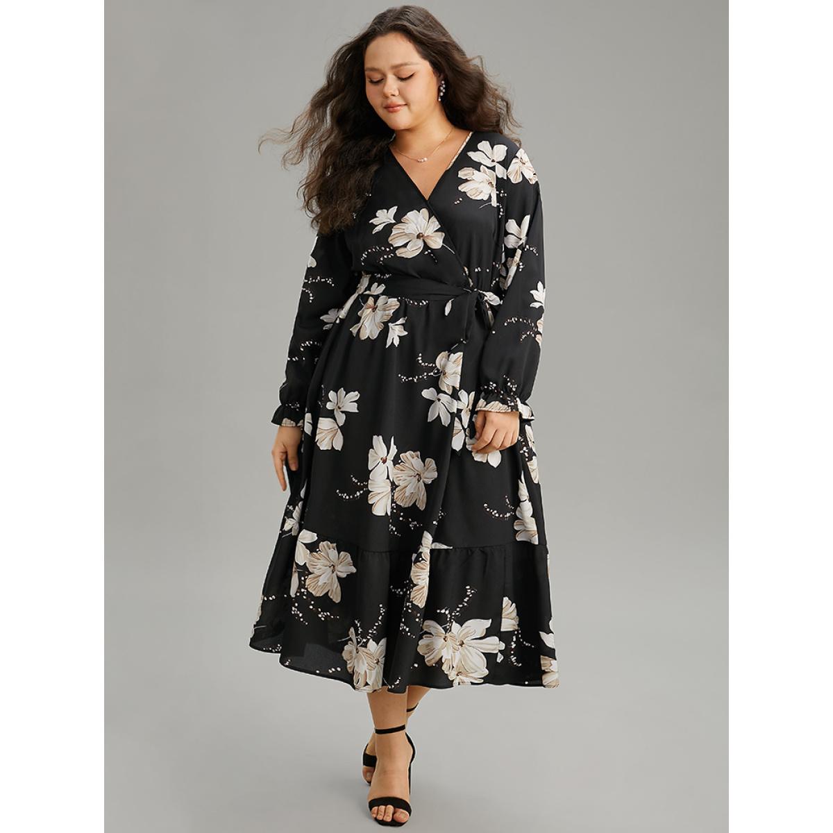 Plus Size Floral Print Flutter Sleeve Belted Surplice Neck Dress Black Women Elegant Wrap Overlap Collar Long Sleeve Curvy Midi Dress BloomChic 22-24/3X Product Image