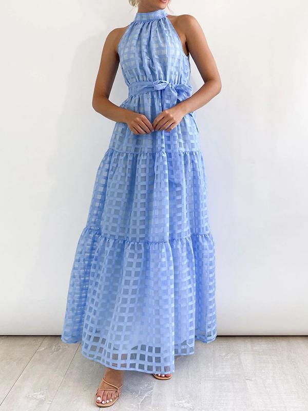 Loose Sleeveless Plaid Ribbed Stand Collar Maxi Dresses Product Image