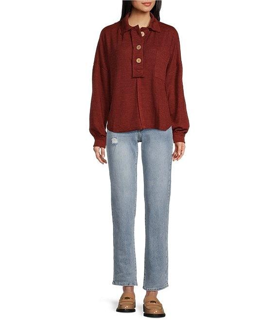 Blu Pepper Long Sleeve Collared Raw Edge Knit Top Product Image