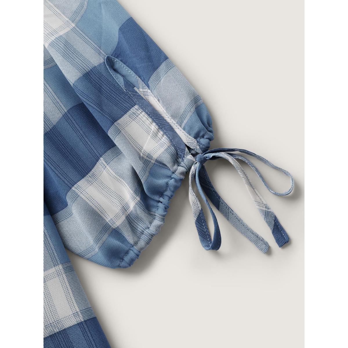 Plus Size Mediumblue Plaid Print Notched Collar Blouse Women Leisure Elbow-length sleeve Flat collar with V-notch Casual Blouses BloomChic 12/L Product Image