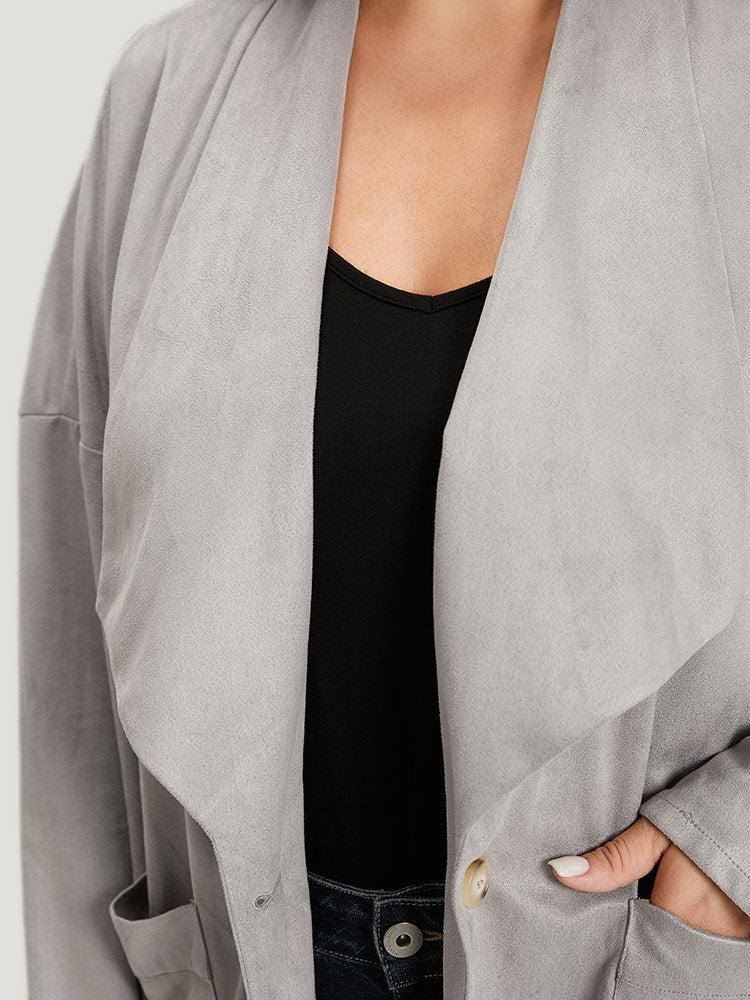 Solid Lapel Collar Patched Pocket Faux Suede Coat Female Product Image