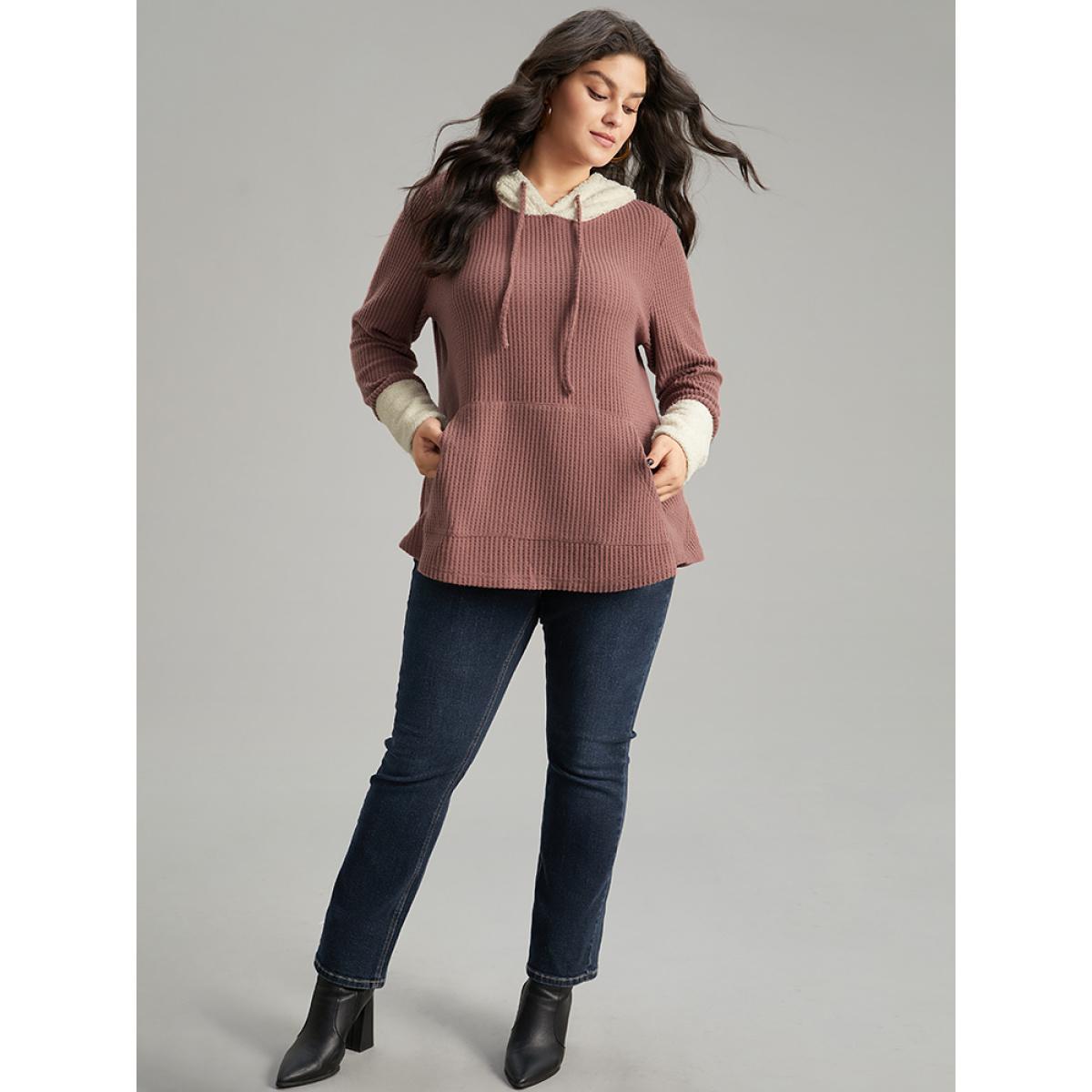 Plus Size Waffle Knit Pocket Hooded Patchwork Sweatshirt Women DustyPink Casual Waffle Knit Hooded Everyday Sweatshirts BloomChic 14-16/1X Product Image