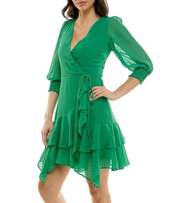 Moda Tara Smocked 3/4 Sleeve V-Neck Wrap Dress Product Image