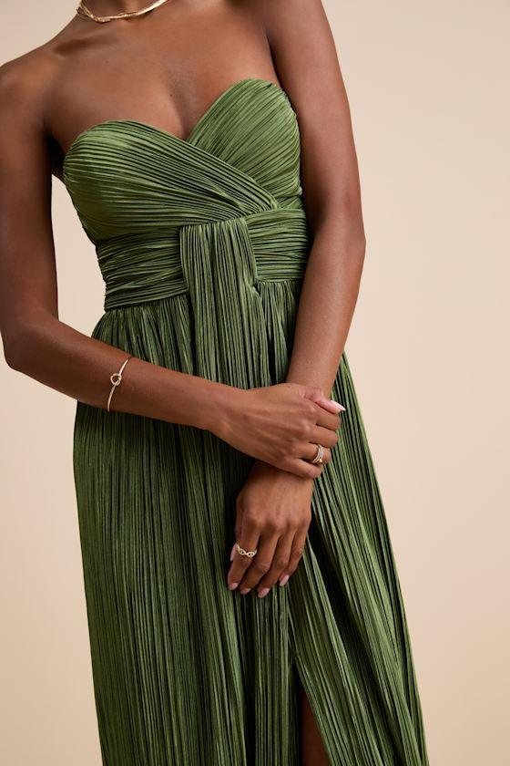 Oswin Olive Green Satin Plisse Strapless Maxi Dress Product Image