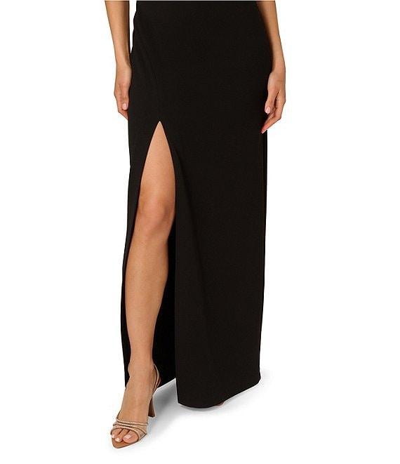 Adrianna by Adrianna Papell Crepe Knit Satin Plunge V-Neck Sleeveless Tuxedo Sheath Gown Product Image
