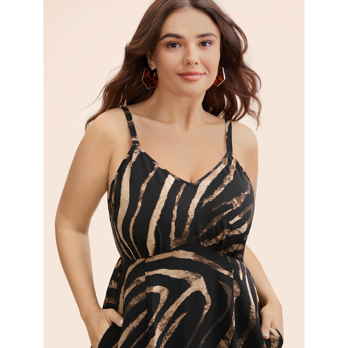 Plus Size V Neck Striped Split Hem Midi Dress Black Women Elegant Slit V-neck Sleeveless Curvy BloomChic 12/L Product Image