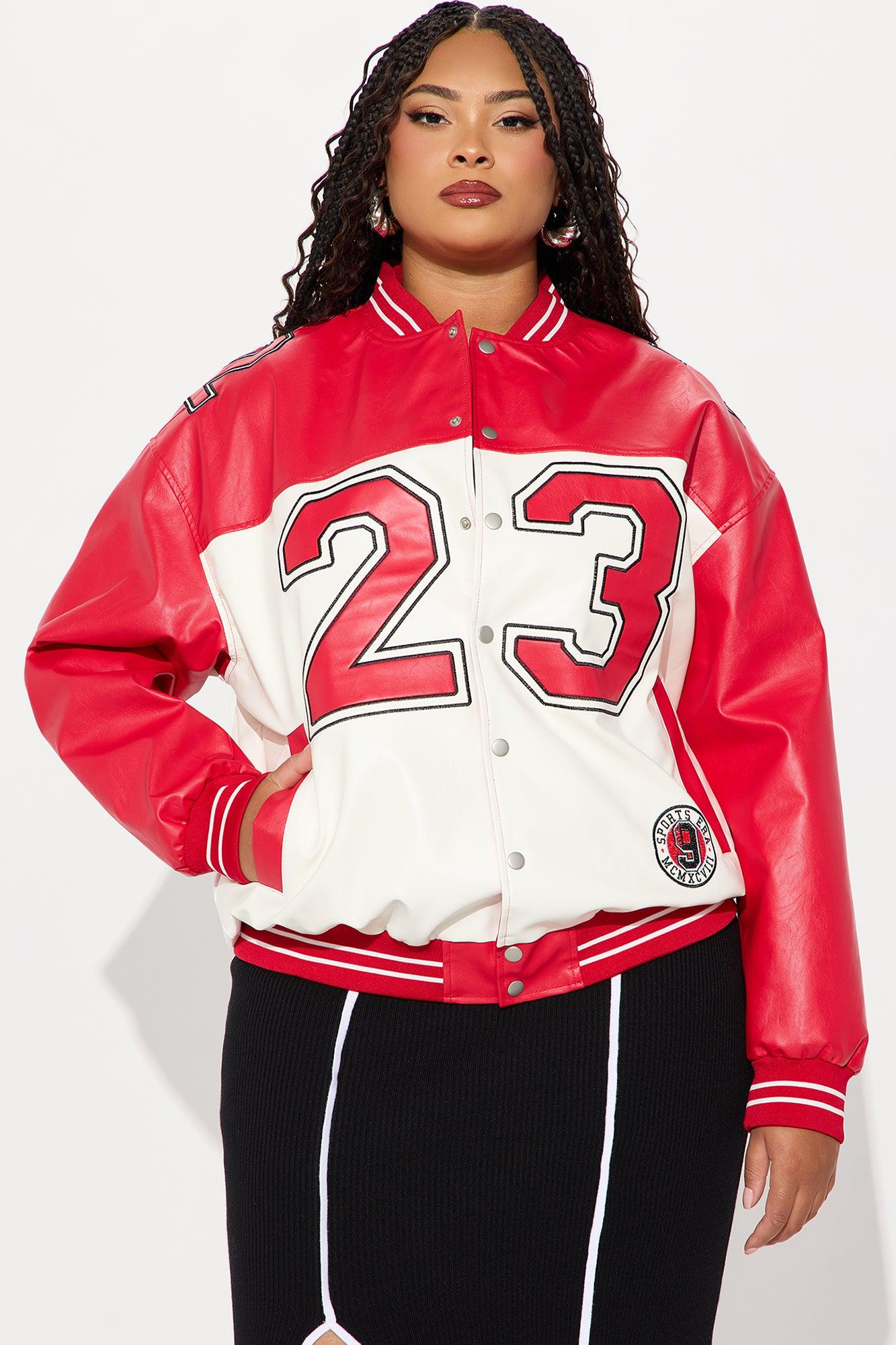 Game Day Leather Bomber Jacket - Red/combo Female Product Image