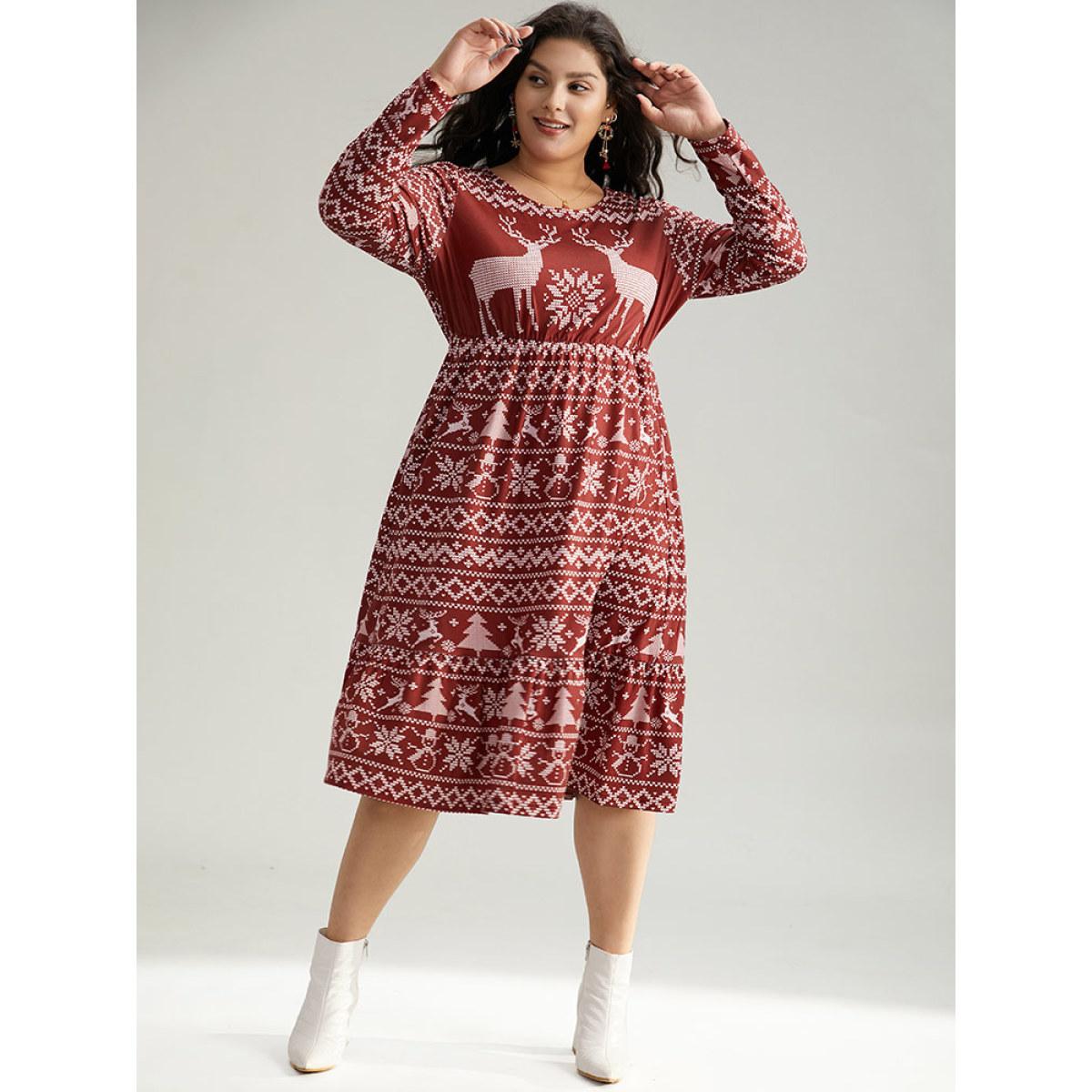 Plus Size Christmas Elk Gathered Ruffle Layered Hem Dress Scarlet Women Casual Printed Round Neck Long Sleeve Curvy Midi Dress BloomChic 14-16/1X Product Image
