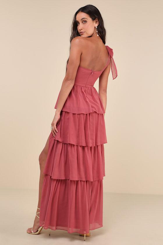 Elevated Vision Rusty Rose One-Shoulder Tiered Maxi Dress Product Image