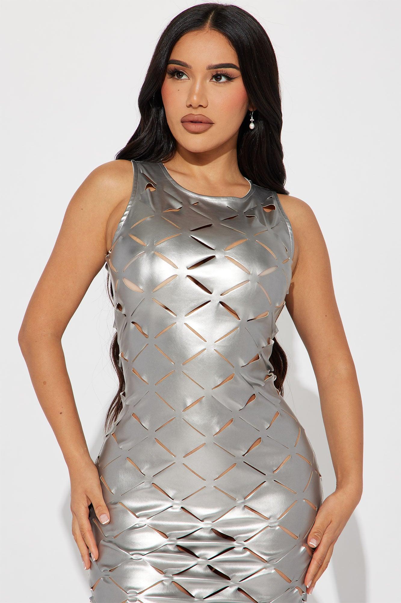 Cut It Out Faux Leather Maxi Dress - Silver Product Image