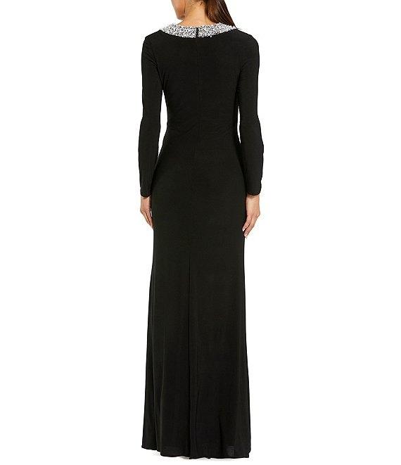 Mac Duggal Jersey Knit Beaded Crew Neck Long Sleeve Gown Product Image