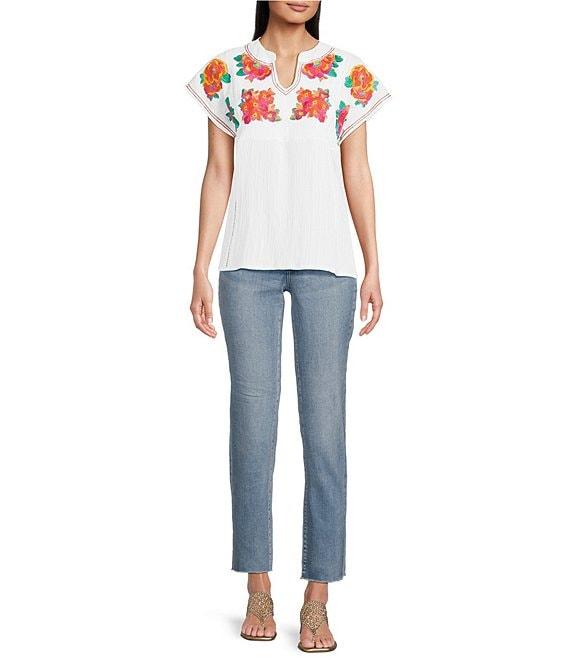 Calessa Split V-Neck Short Sleeve Embroidered Crinkle Top Product Image