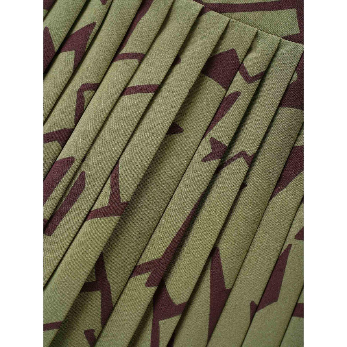 Plus Size Shirt Collar Geometric Button Up Pleated Dress Moss Women At the Office Pleated Shirt collar Short sleeve Curvy Midi Dress BloomChic 26/4X Product Image