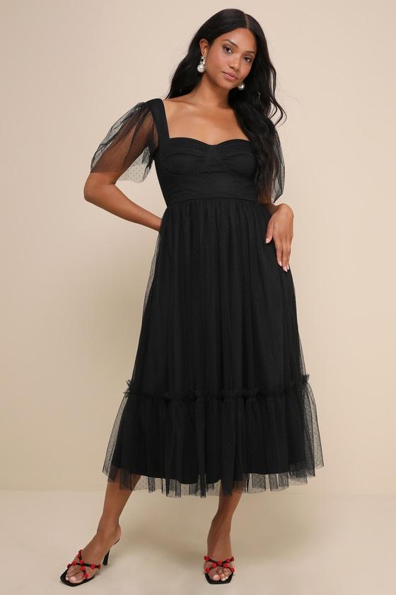 Dreamy Celebration Black Tulle Bustier Swiss Dot Midi Dress Product Image