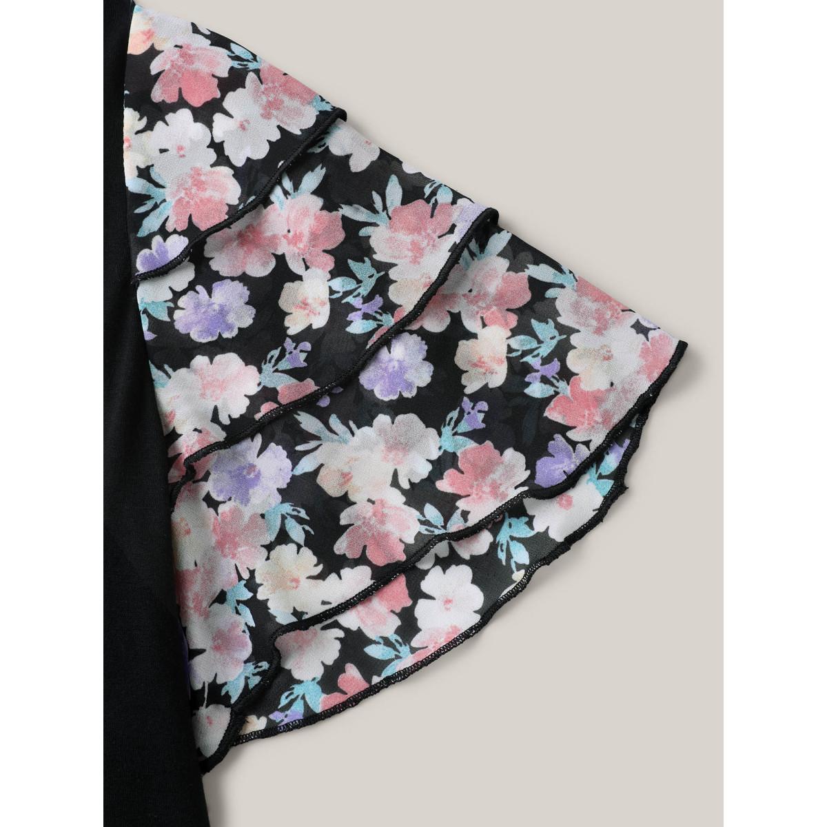 Plus Size Floral Layered Sleeve Spliced Plain T-Shirt Black Women Contrast Round Neck Everyday-Casual T-shirts BloomChic 18-20/2X Product Image