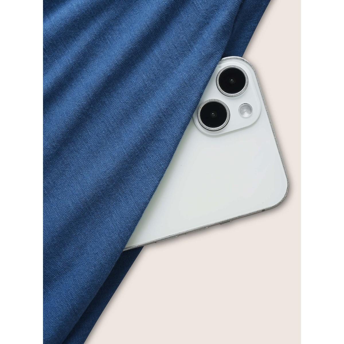 Plus Size Solid Crew Neck Asymmetrical Hem Dress Mediumblue Women Elegant Gathered Round Neck Cap Sleeve Curvy BloomChic 12/L Product Image