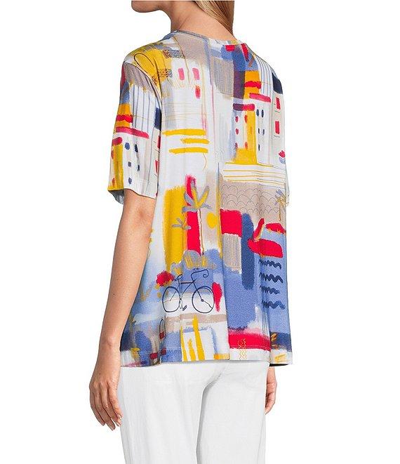 Multiples Petite Size Embellished Printed Scoop Neck 3/4 Sleeve Fitted Knit Top Product Image