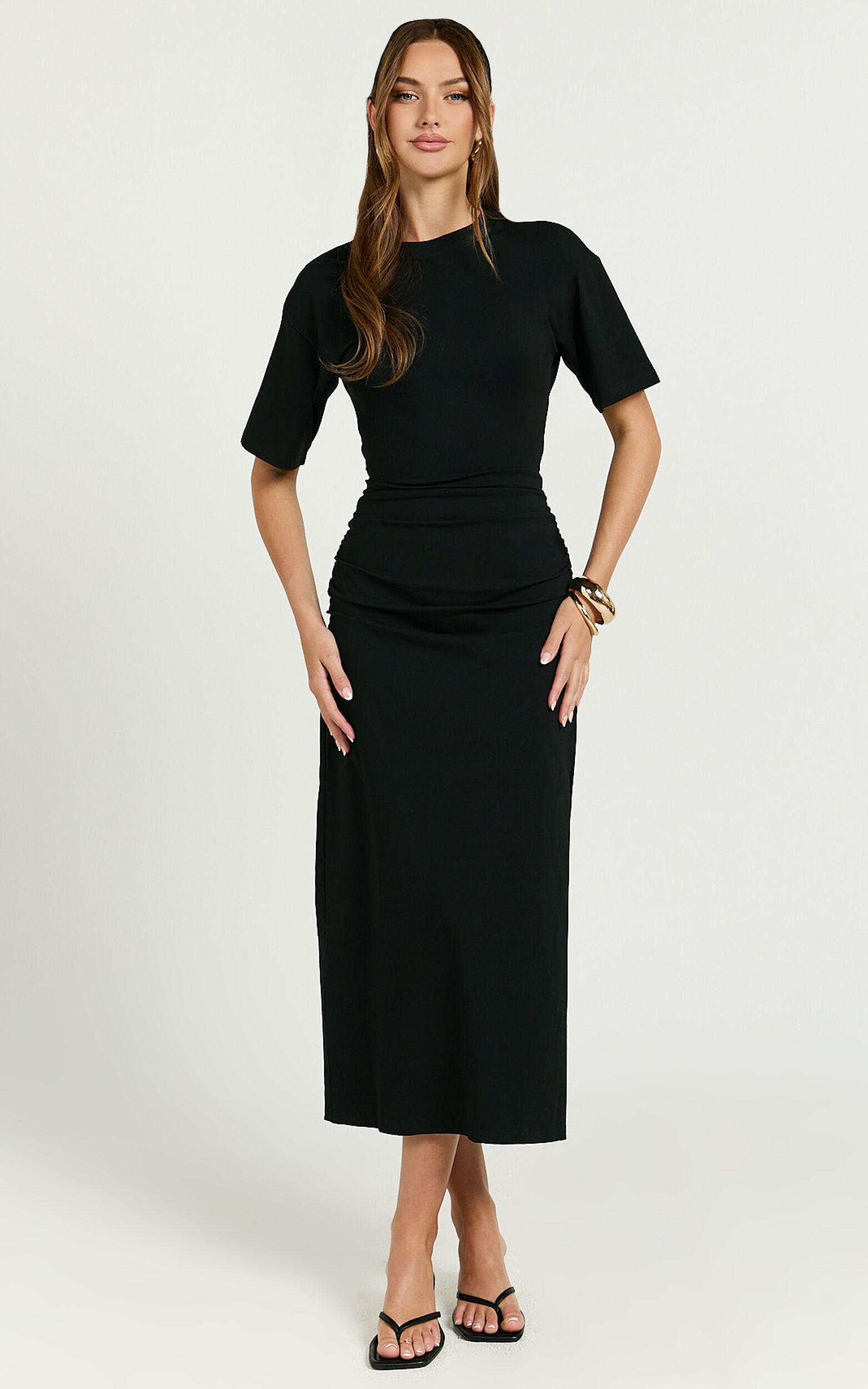 Lizzy Midi Dress - Jersey Ruched Side Split Dress in Black Product Image