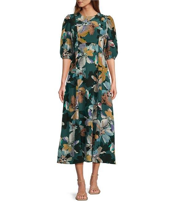 tyler boe Frankie Woven Floral Print Round Neck Short Sleeve A-Line Dress Product Image