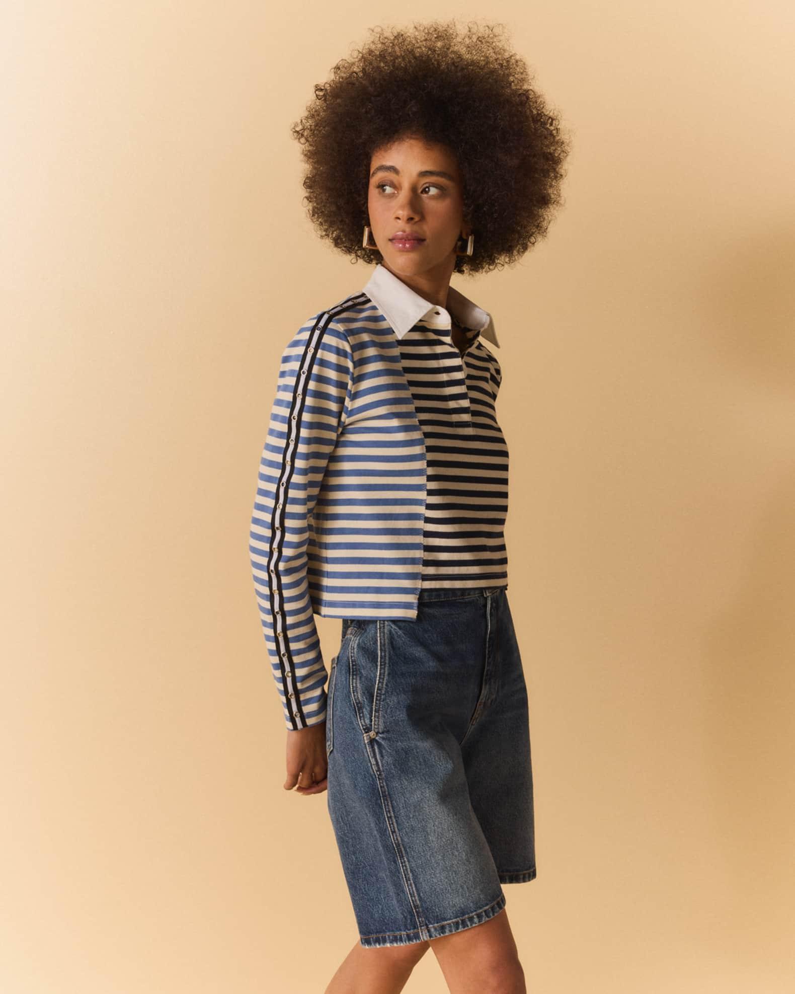 Long-Sleeve Patchwork Polo Shirt  Product Image