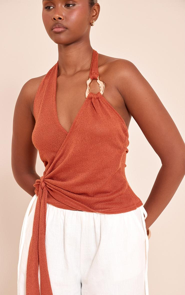 Rust Tie Detail Halter Neck Trim Knit Top Product Image